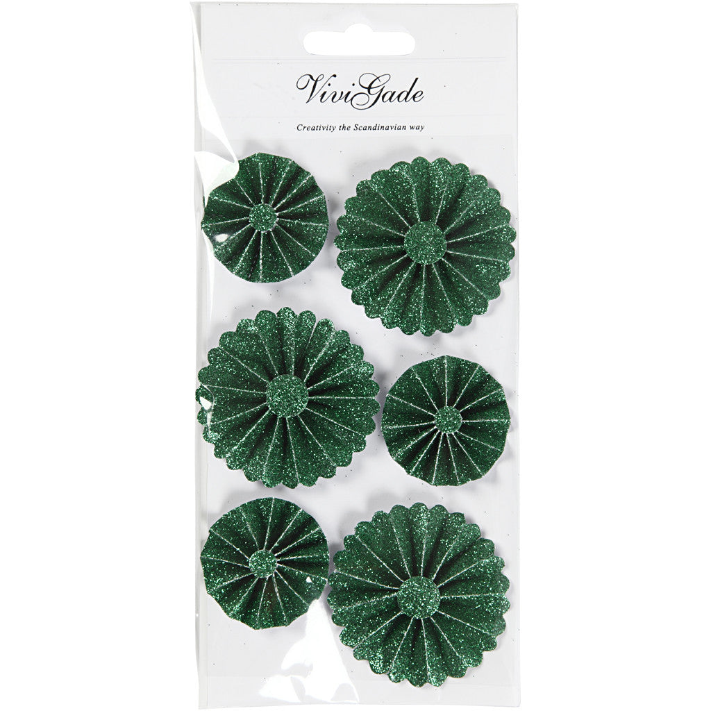 Paper Rosettes, dia. 35+50 mm, green glitter, 6 pc/ 1 pack [HOB-24781]