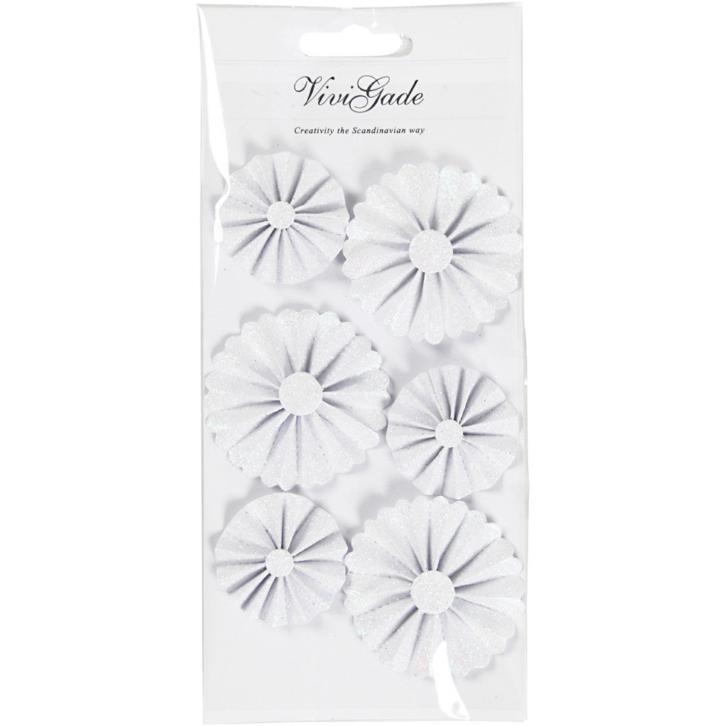 Paper Rosettes, dia. 35+50 mm, white glitter, 6 pc/ 1 pack [HOB-24782]