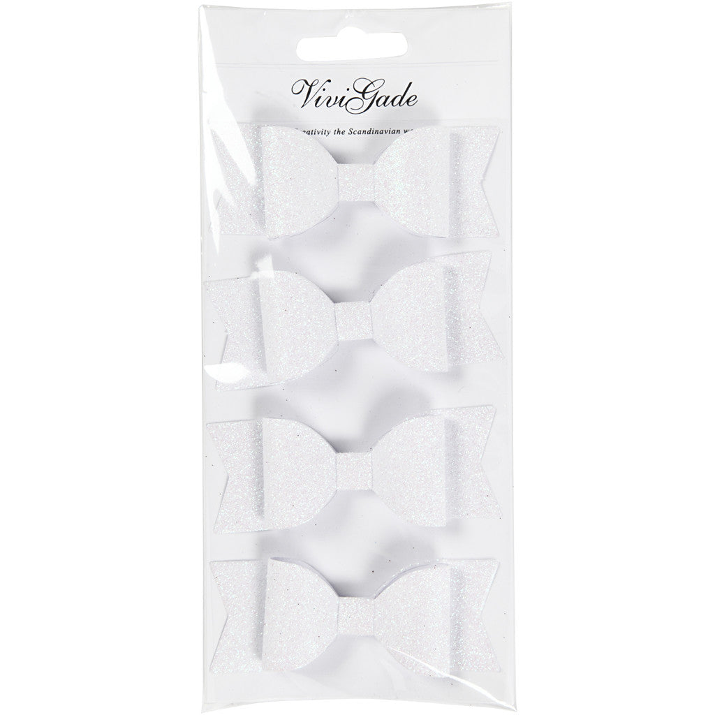Paper Bow, size 31x85 mm, white glitter, 4 pc/ 1 pack [HOB-24784]