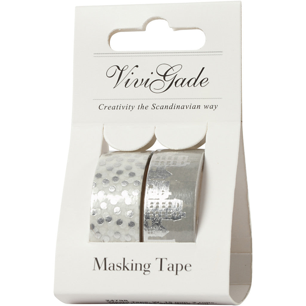 Washi Tape, houses and dots - foil, W: 15 mm, silver, 2x4 m/ 1 pack [HOB-24798]