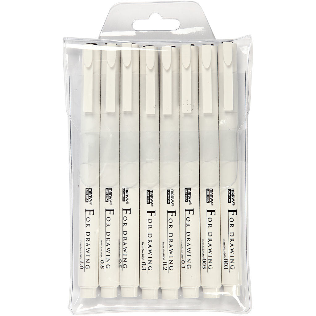 Fine Line Drawing Markers, line 0,03+0,05+0,1+0,2+0,3+0,5+0,8+1,0 mm, black, 8 pc/ 1 pack [HOB-25011]