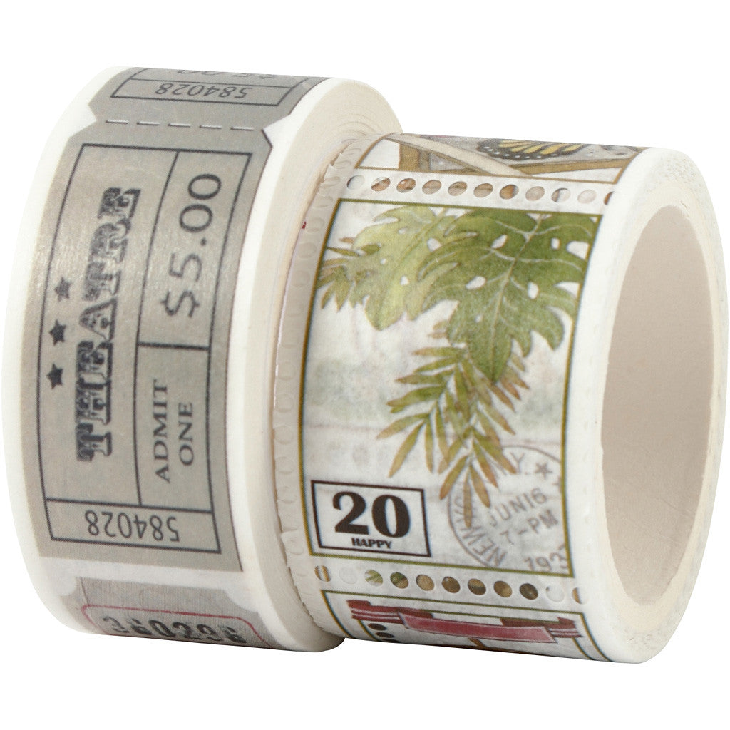 Washi Tape, Ticket and nature motive, L: 3+5 M, W: 20+25 mm, 2 roll/ 1 pack [HOB-25242]