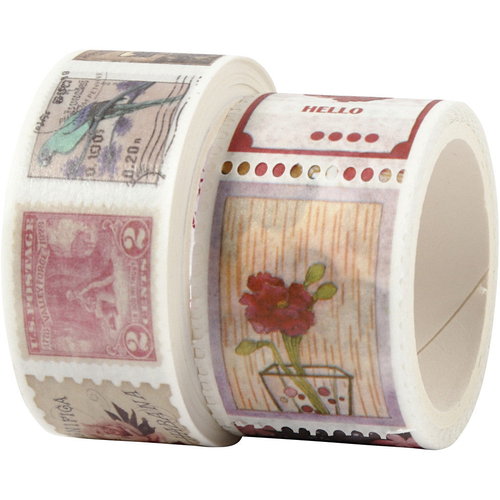 Washi Tape, Stamp and flower motive, L: 3+5 M, W: 20+25 mm, 2 roll/ 1 pack [HOB-25244]