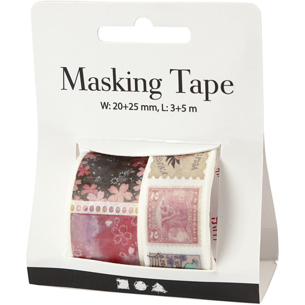 Washi Tape, Stamp and flower motive, L: 3+5 M, W: 20+25 mm, 2 roll/ 1 pack [HOB-25244]
