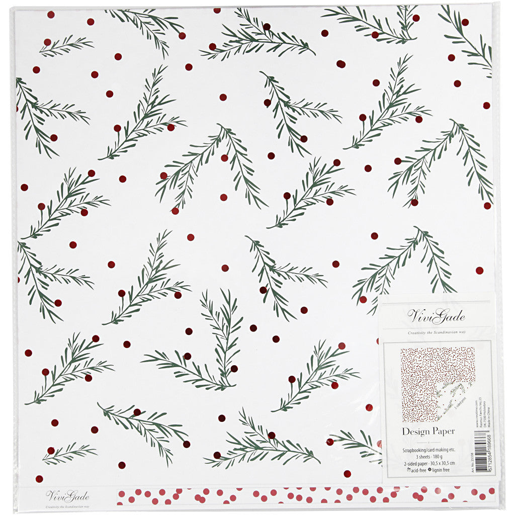 Design Paper, spruce branch and dots, sheet 30,5x30,5 cm, 180 g, gold, green, red, white, 3 sheet/ 1 pack [HOB-25338]