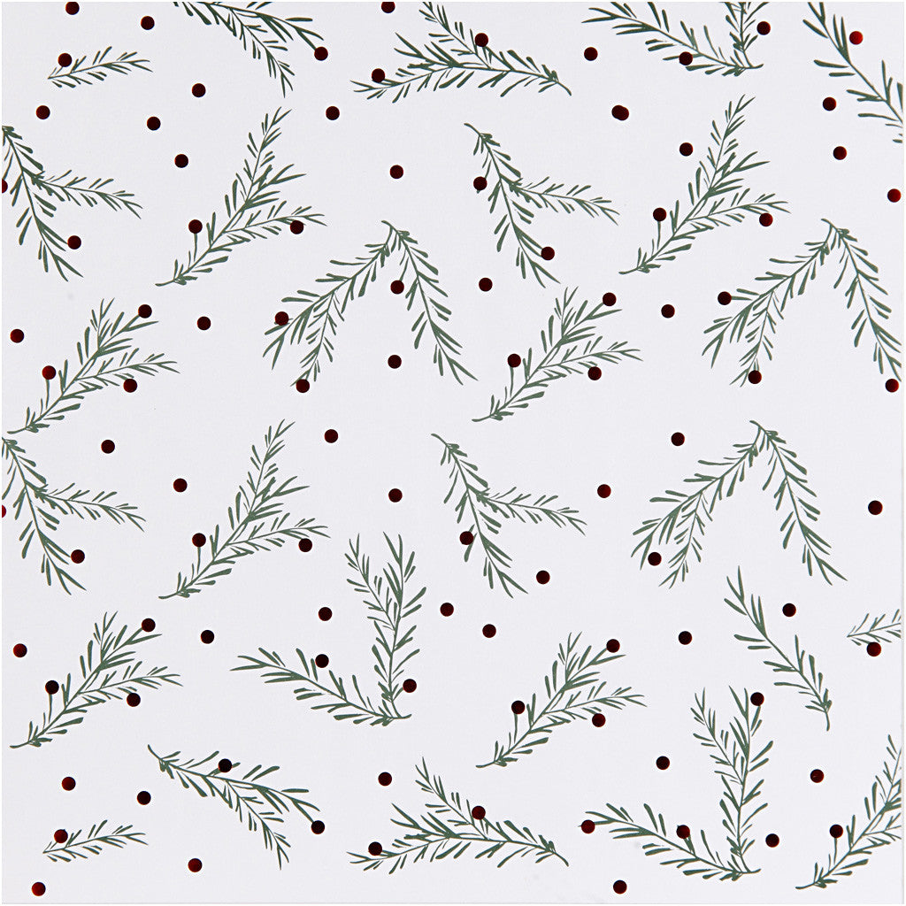 Design Paper, spruce branch and dots, sheet 30,5x30,5 cm, 180 g, gold, green, red, white, 3 sheet/ 1 pack [HOB-25338]