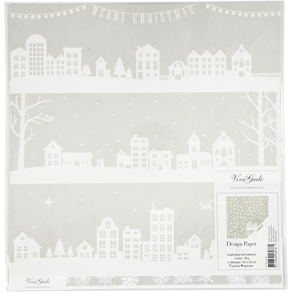 Designpaper, houses and snowflake, sheet 30,5x30,5 cm, 180 g, 3 sheet/ 1 pack [HOB-25344]