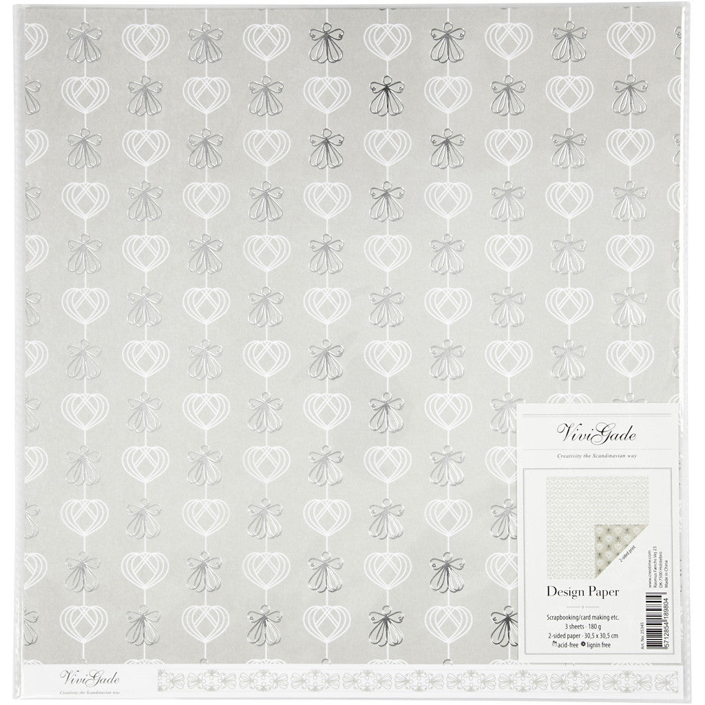 Design Paper, angels and hearts, sheet 30,5x30,5 cm, 180 g, silver, 3 sheet/ 1 pack [HOB-25345]