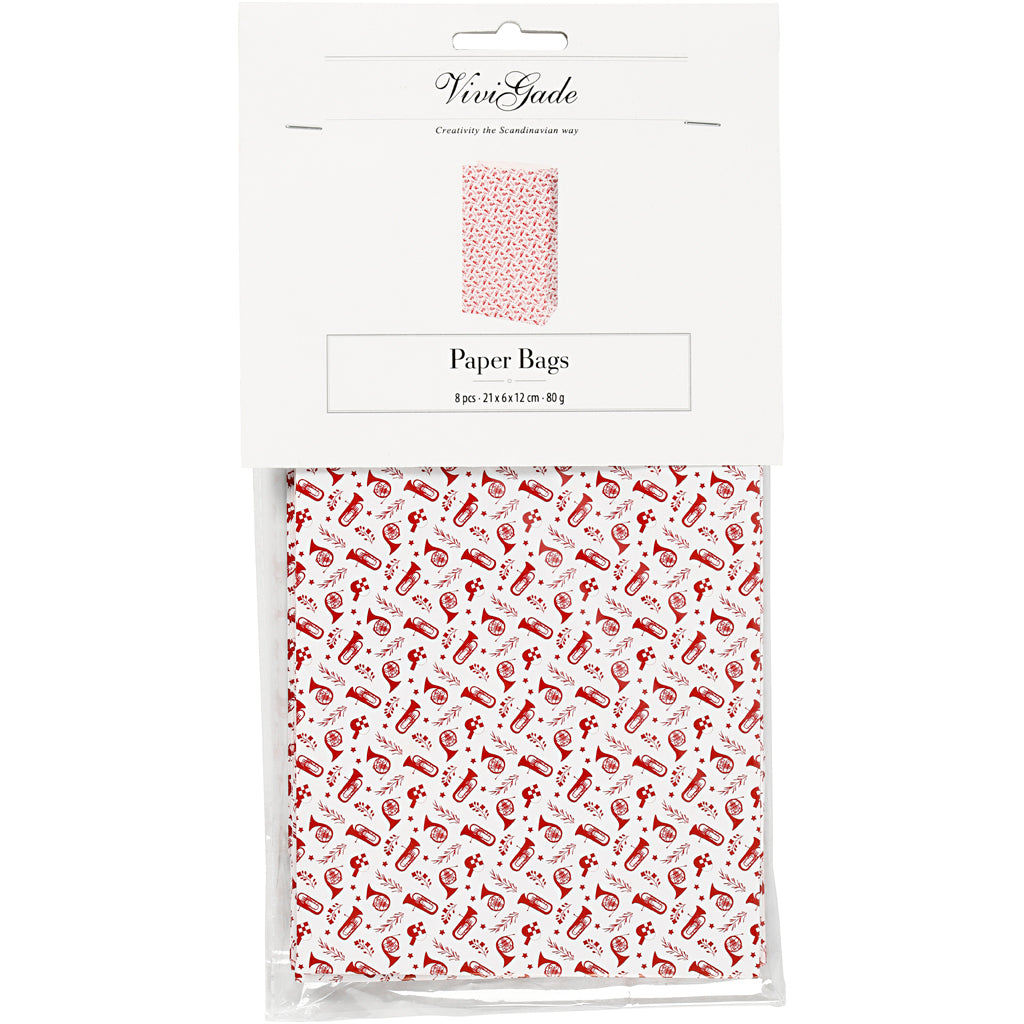 Paper Bag, trumpet, H: 21 cm, size 6x12 cm, 80 g, red, white, 8 pc/ 1 pack [HOB-25352]