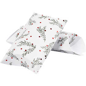 Pillow Box, spruce branch with christmas balls, size 18x15x6 cm, 300 g, green, metallic red, white, 3 pc/ 1 pack [HOB-25357]
