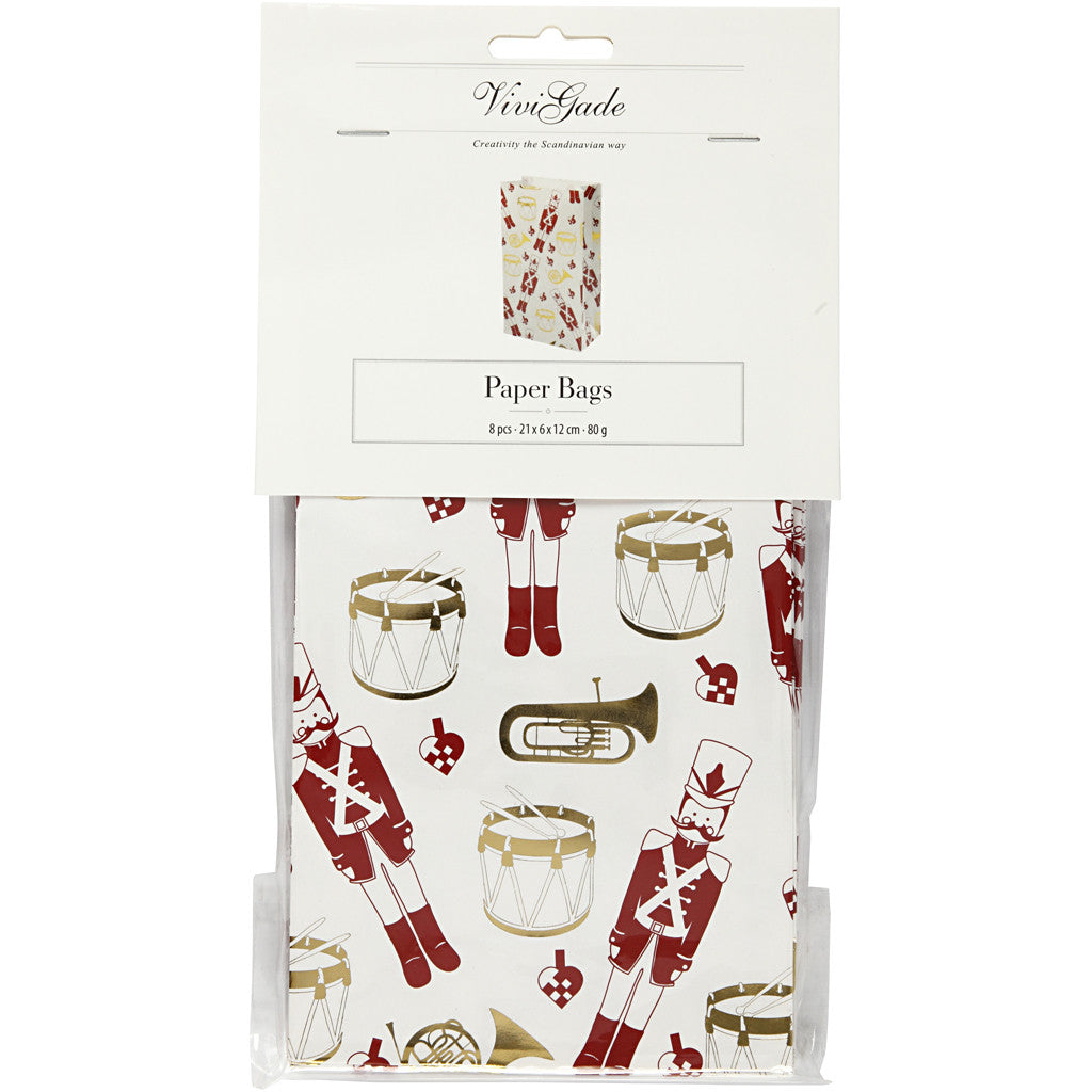 Paper Bag, nutcracker, H: 21 cm, size 6x12 cm, gold, red, white, 8 pc/ 1 pack [HOB-26297]
