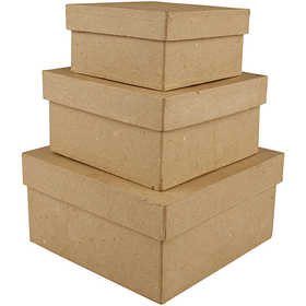 Square Boxes, H: 5+6+7,5 cm, size 10+12,5+15 cm, 3 pc/ 1 set [HOB-263720]