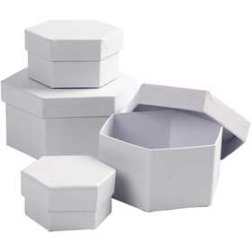 Hexagonal Boxes, H: 4+5+6+7 cm, dia. 6,5+8+10+12 cm, white, 4 pc/ 1 set [HOB-264070]
