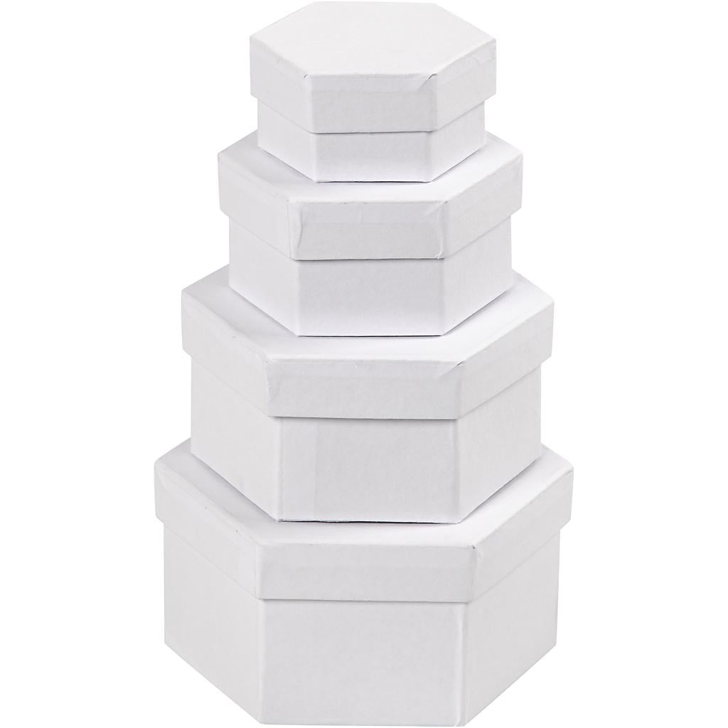 Hexagonal Boxes, H: 4+5+6+7 cm, dia. 6,5+8+10+12 cm, white, 4 pc/ 1 set [HOB-264070]