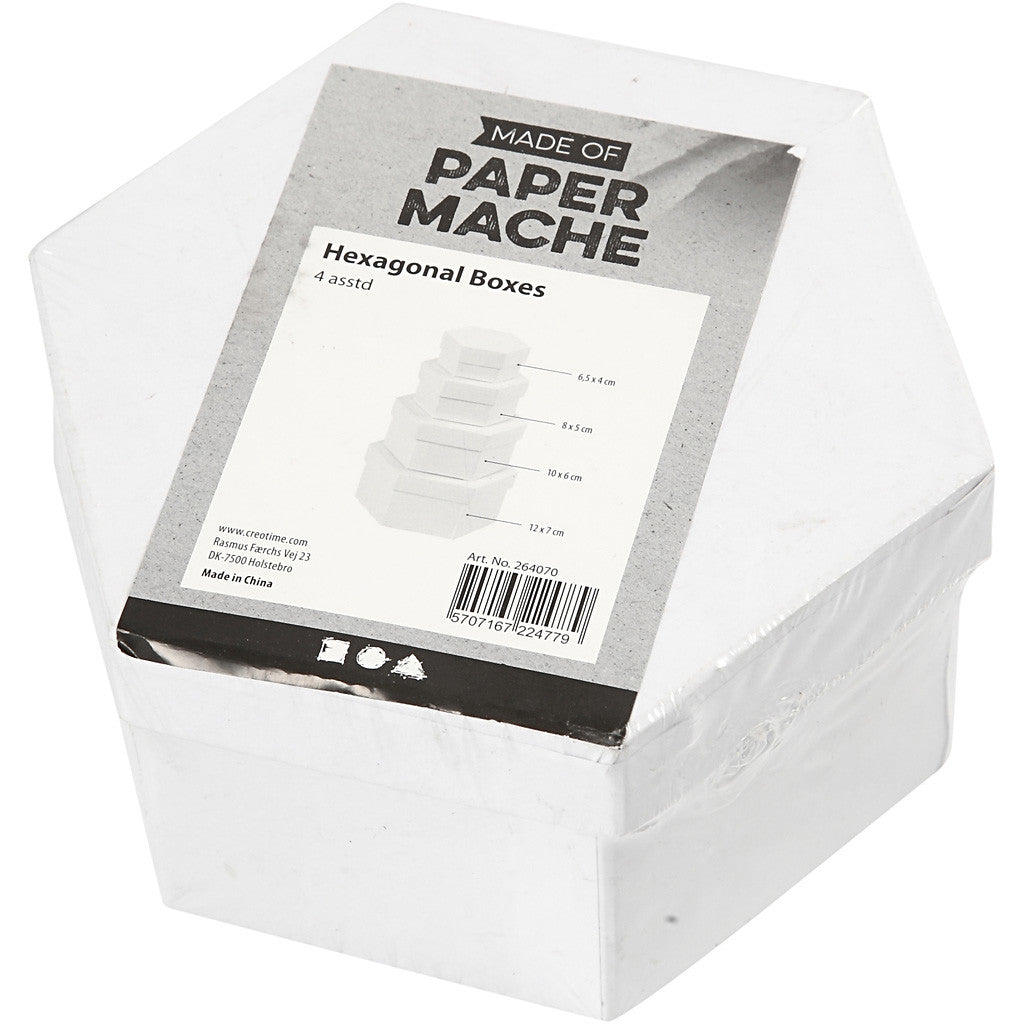 Hexagonal Boxes, H: 4+5+6+7 cm, dia. 6,5+8+10+12 cm, white, 4 pc/ 1 set [HOB-264070]