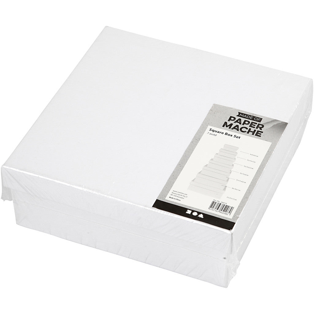 Square Boxes, H: 4,5+5+5,5+6+6,5+7+7,5 cm, size 9+11+13+15+17+19+21 cm, white, 7 pc/ 1 set [HOB-26419]