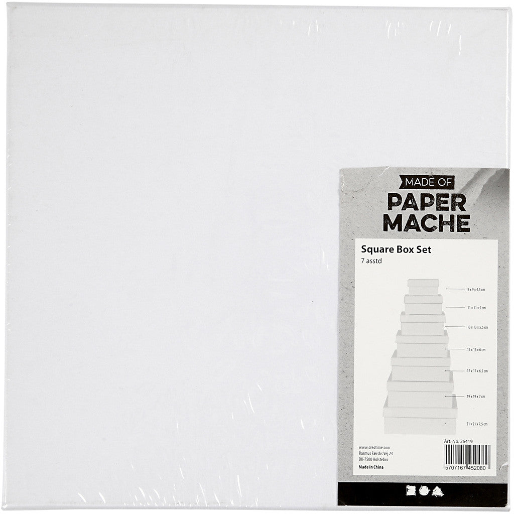 Square Boxes, H: 4,5+5+5,5+6+6,5+7+7,5 cm, size 9+11+13+15+17+19+21 cm, white, 7 pc/ 1 set [HOB-26419]