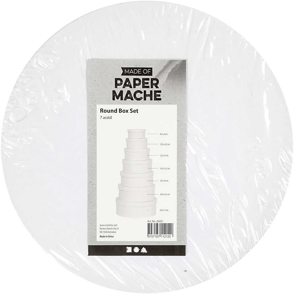 Round Box Set, H: 4+4,5+5+5,5+6+6,5+7 cm, dia. 8,5+10,5+12,5+14,5+16,5+18,5+21,5 cm, white, 7 pc/ 1 set [HOB-26421]