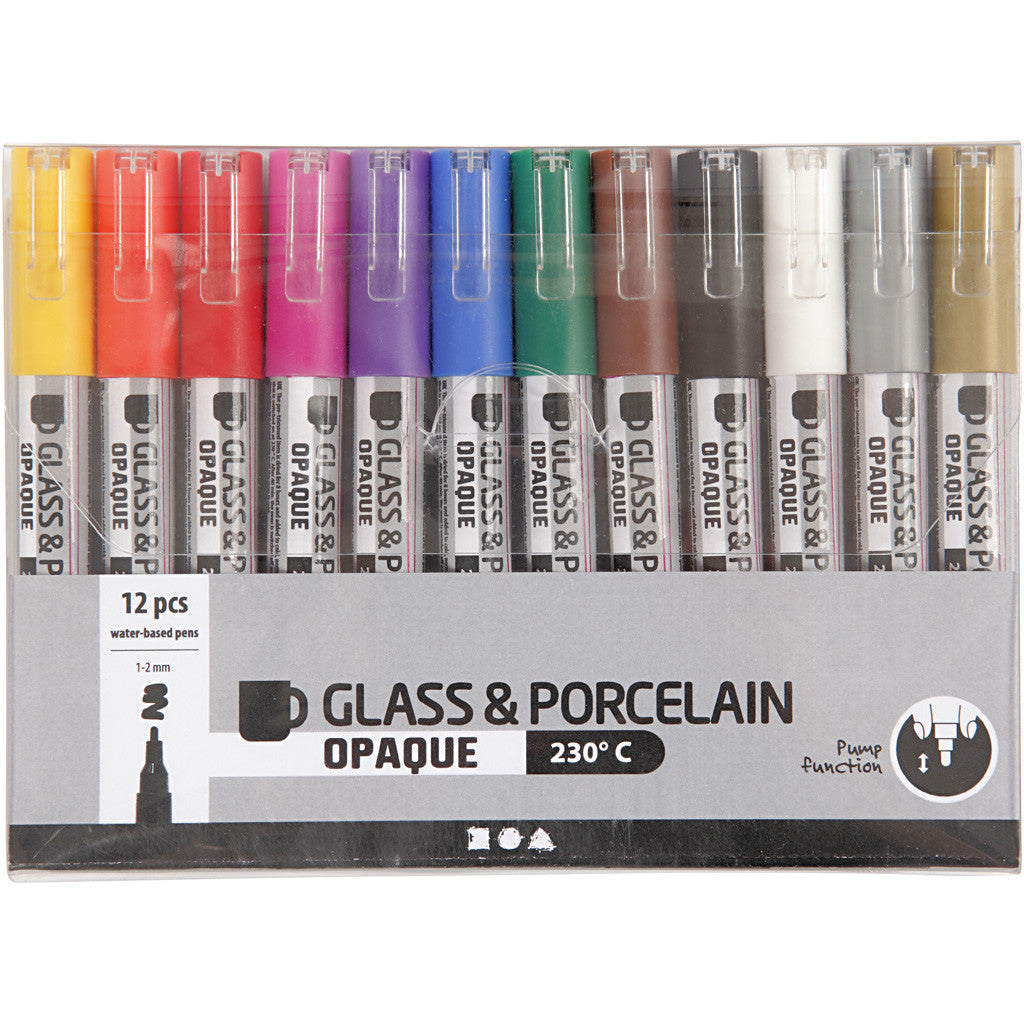 Glass & Porcelain Marker, line 1-2 mm, semi opaque, assorted colours, 12 pc/ 1 pack [HOB-31334]