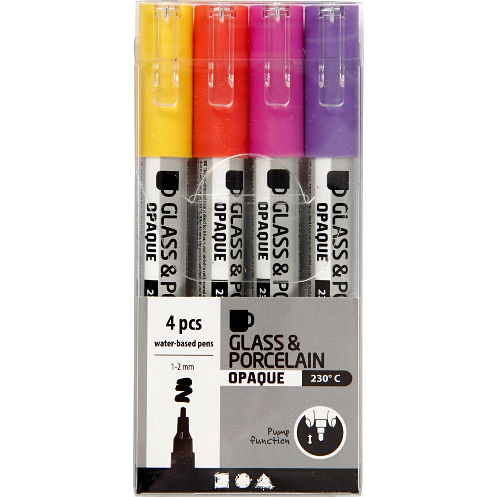 Glass & Porcelain Marker, line 1-2 mm, semi opaque, orange, purple, light red, yellow, 4 pc