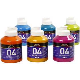 Glitter Acrylic Paint, assorted colours, 6x500 ml/ 1 pack [HOB-32500]