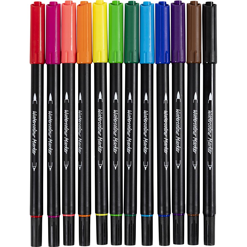 Watercolour Marker, line 2+4-8 mm, standard colours, 12 pc/ 1 pack [HOB-34339]