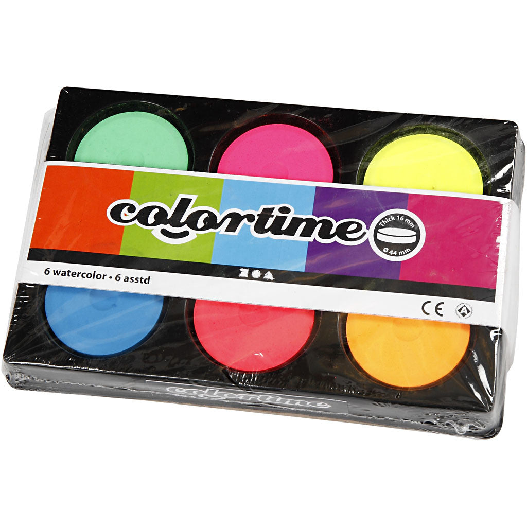 Watercolours, H: 16 mm, dia. 44 mm, neon colours, 1 pack [HOB-34591]