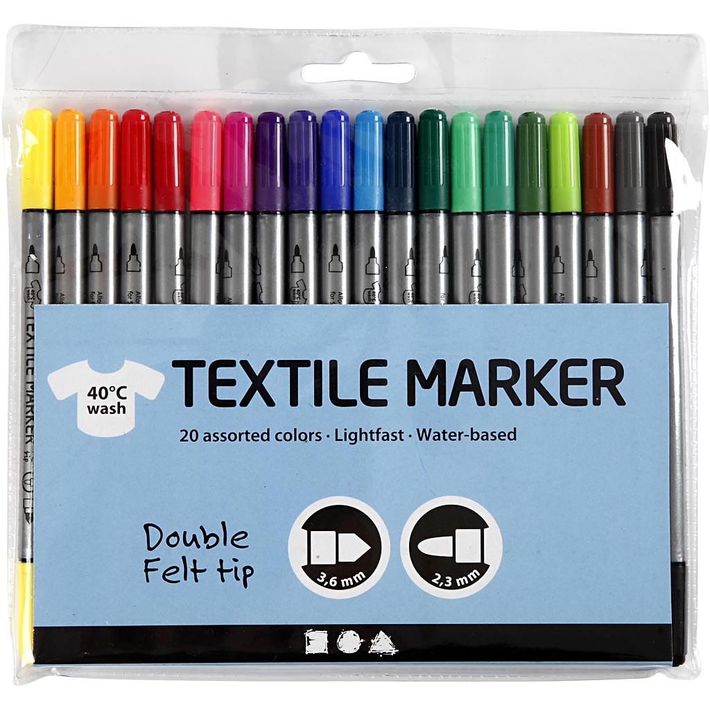Textile markers, line 2,3+3,6 mm, standard colours, 20 pc/ 1 pack [HOB-34817]