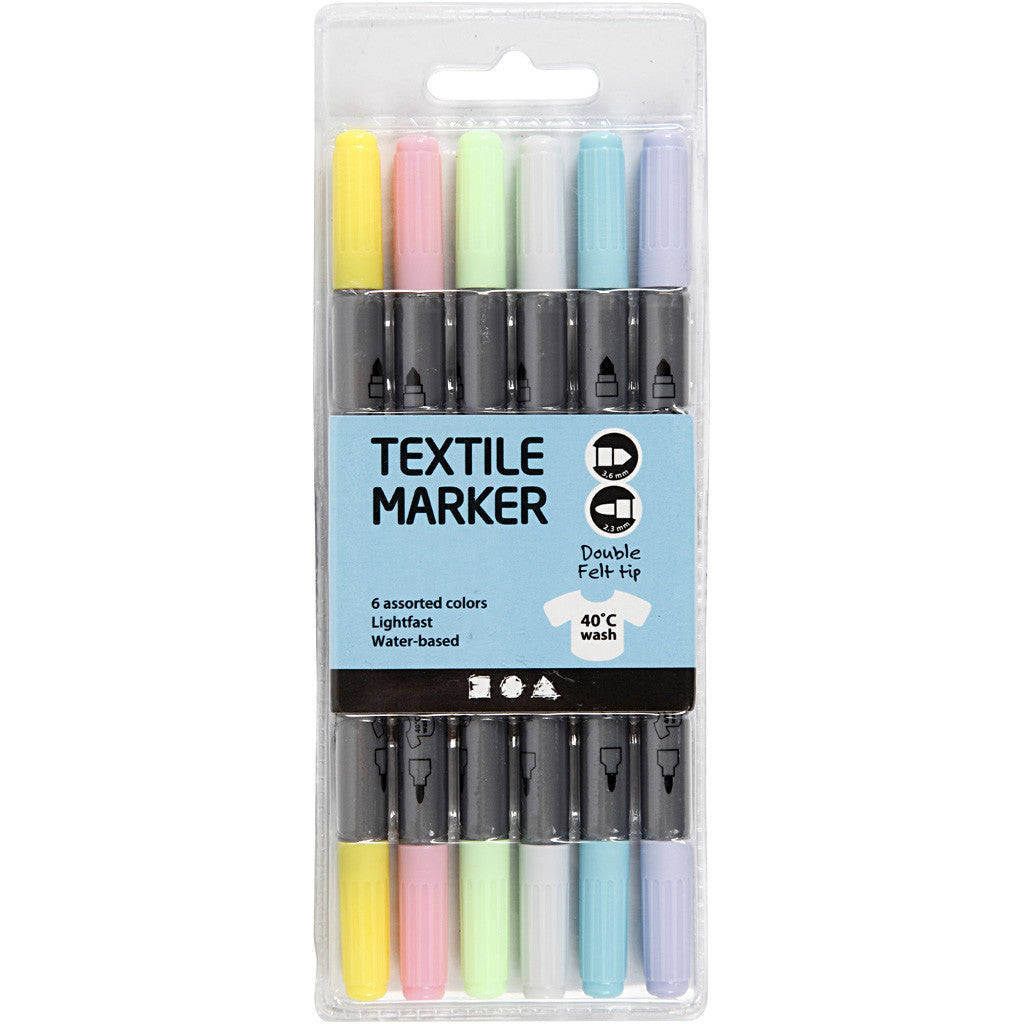 Textile markers, line 2,3+3,6 mm, pastel colours, 6 pc/ 1 pack [HOB-34829]