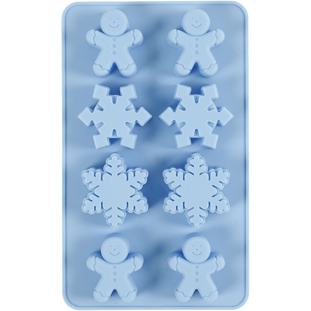 Silicone Mould, ice crystals and cookie men, H: 2,5 cm, L: 3 cm, W: 4,5 cm, 12,5 ml, 1 pc [HOB-37130]