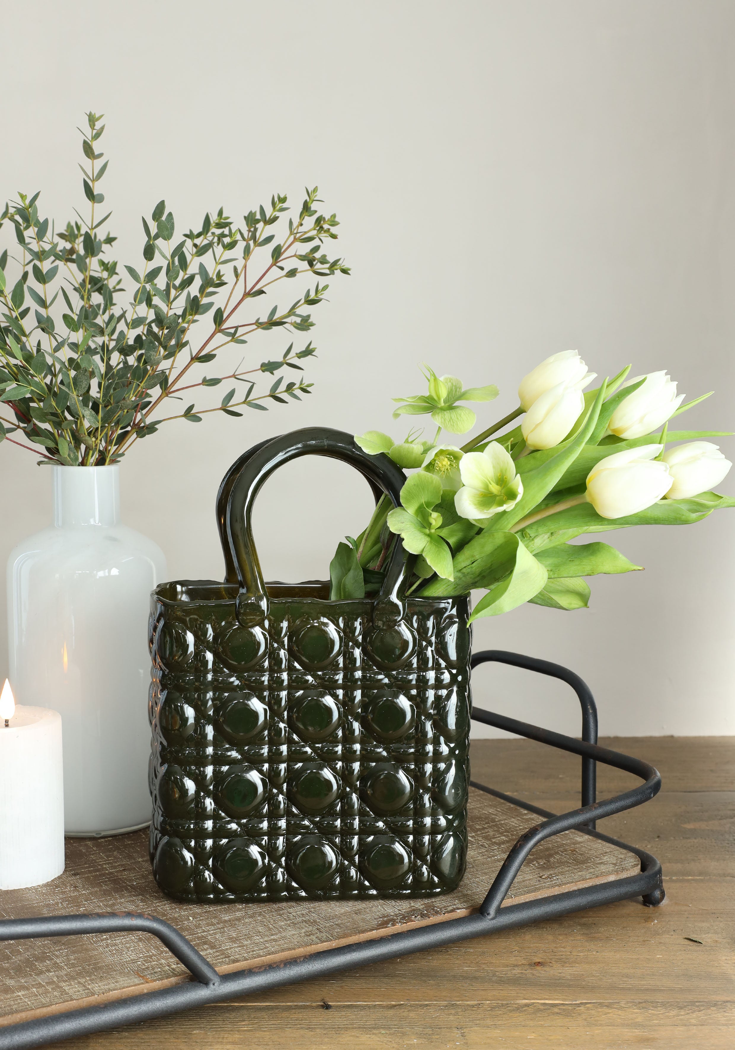 Handbag vase Elysee glass handle L.19 x W.11 x H.28 cm dark green (1 pc) [IFS-37245]