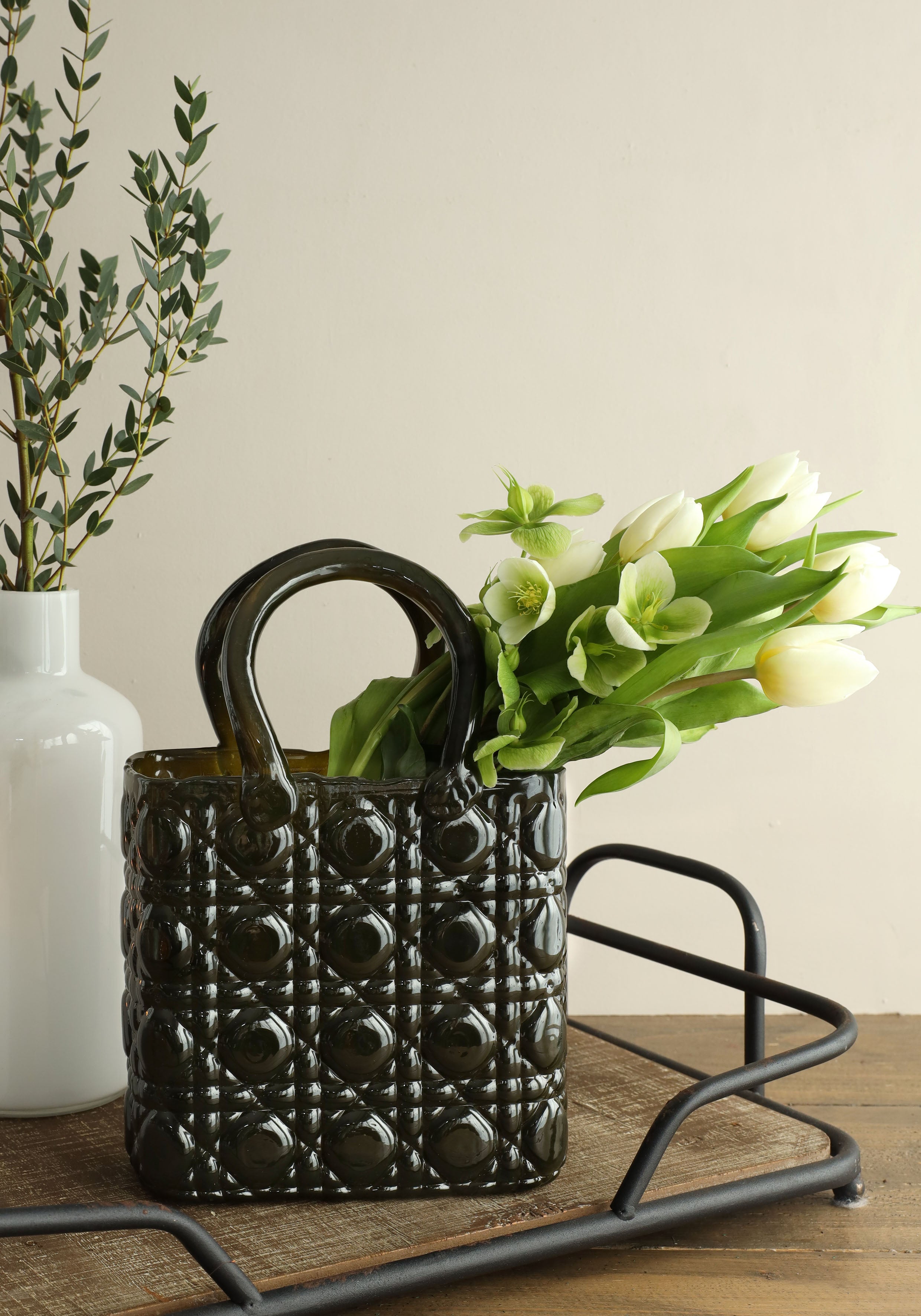 Handbag vase Elysee glass handle L.19 x W.11 x H.28 cm dark green (1 pc) [IFS-37245]