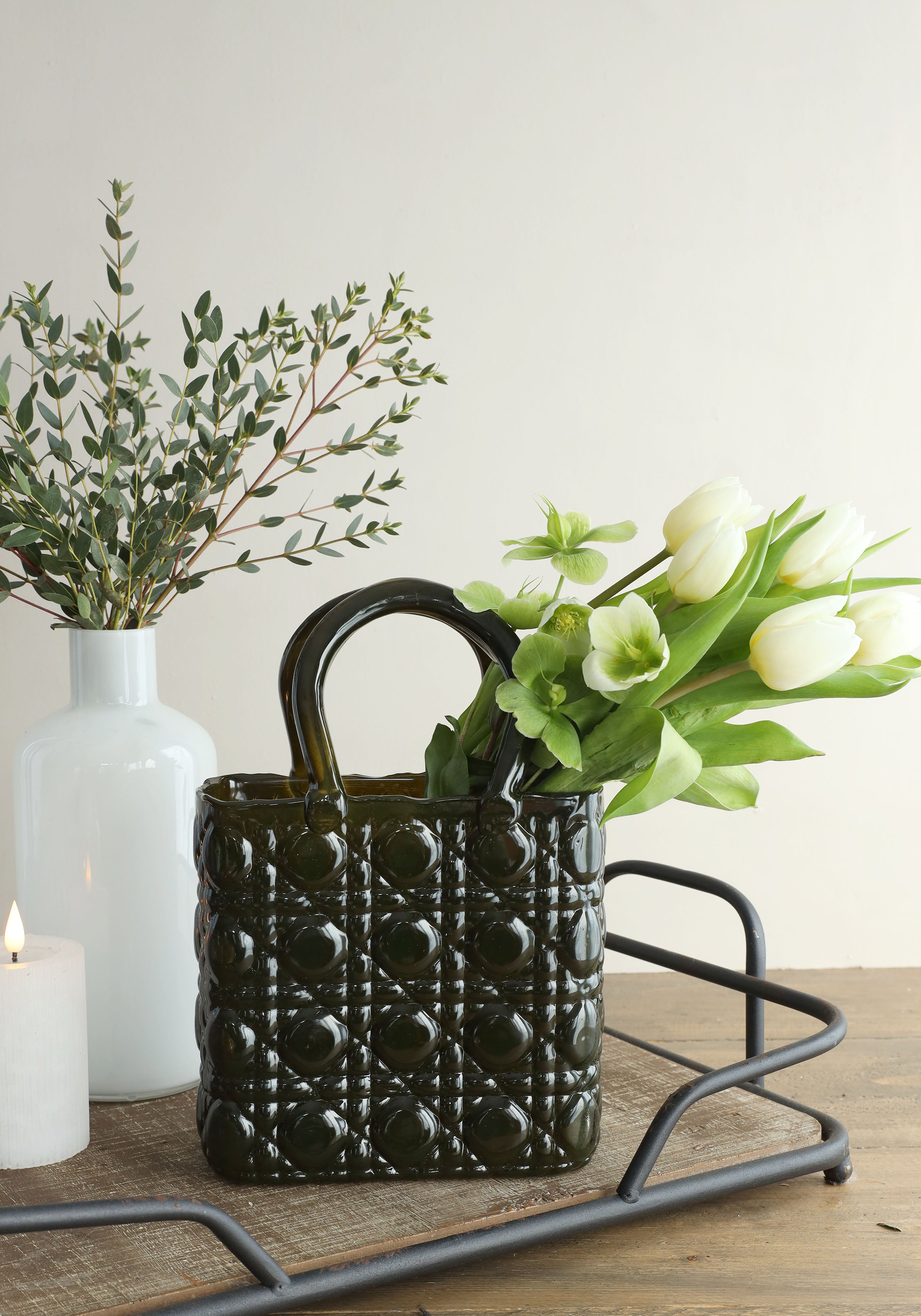 Handbag vase Elysee glass handle L.19 x W.11 x H.28 cm dark green (1 pc) [IFS-37245]