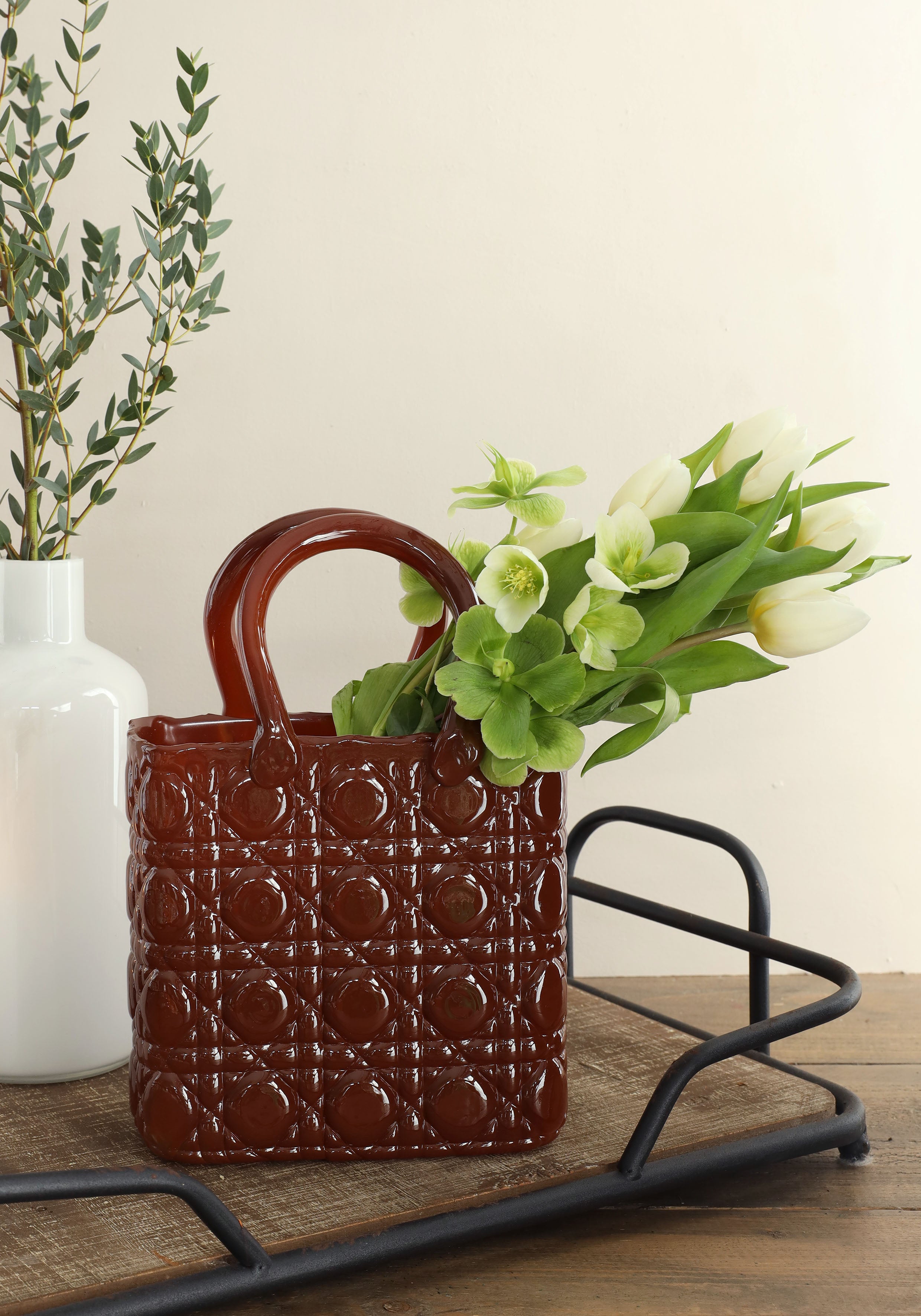 Handbag vase Elysee glass handle L.19 x W.11 x H.28 cm magahony (1 pc) [IFS-37246]