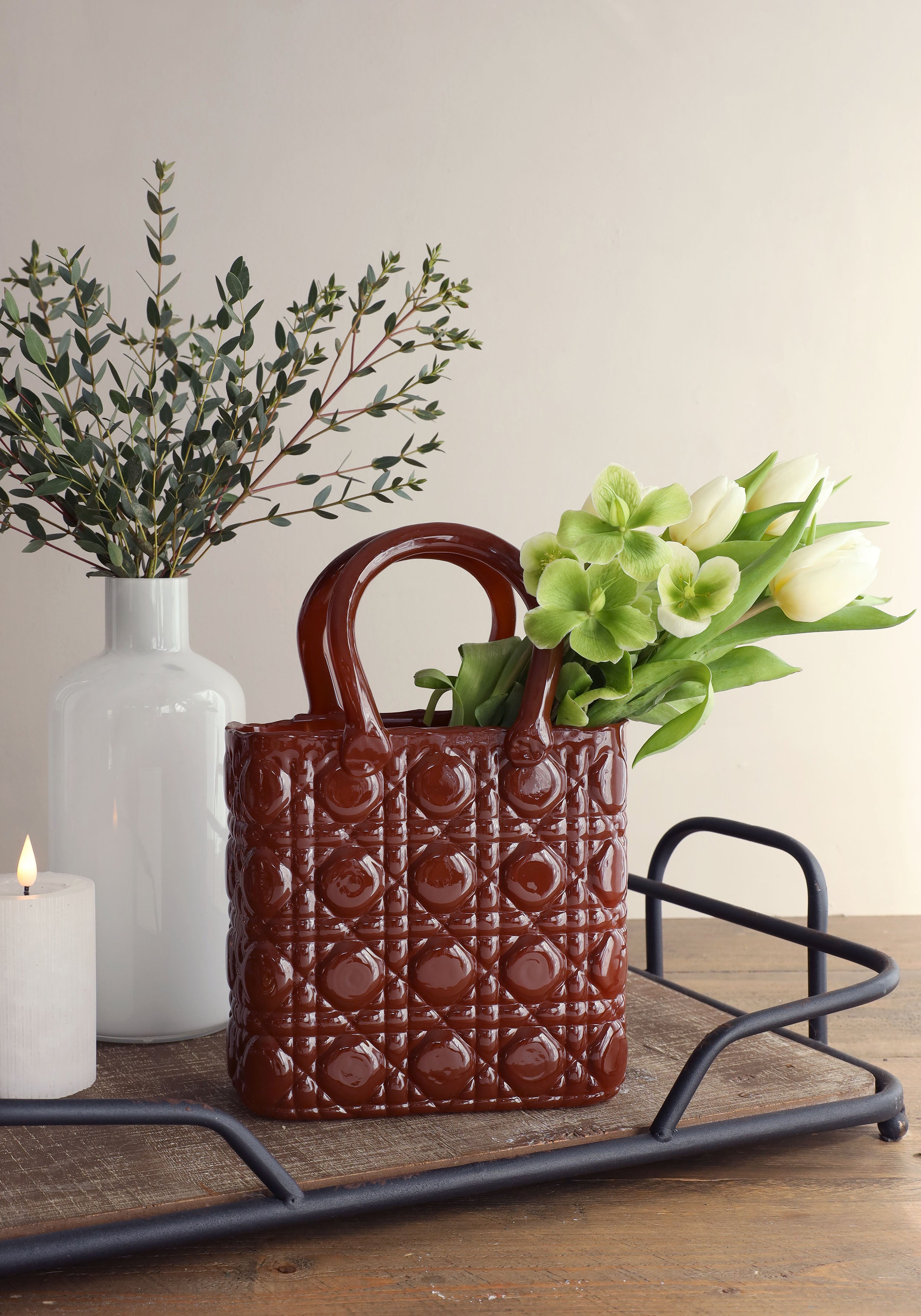 Handbag vase Elysee glass handle L.19 x W.11 x H.28 cm magahony (1 pc) [IFS-37246]