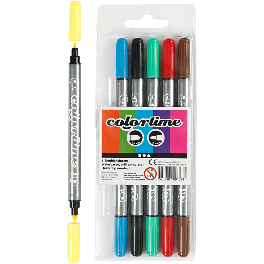 Colortime Double Marker, line 2,3+3,6 mm, standard colours, 6 pc