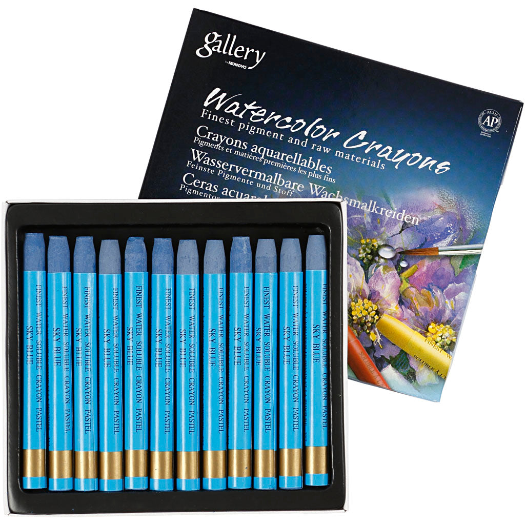 Watercolor Crayons, L: 9,3 cm, thickness 8 mm, sky blue (337), 12 pc