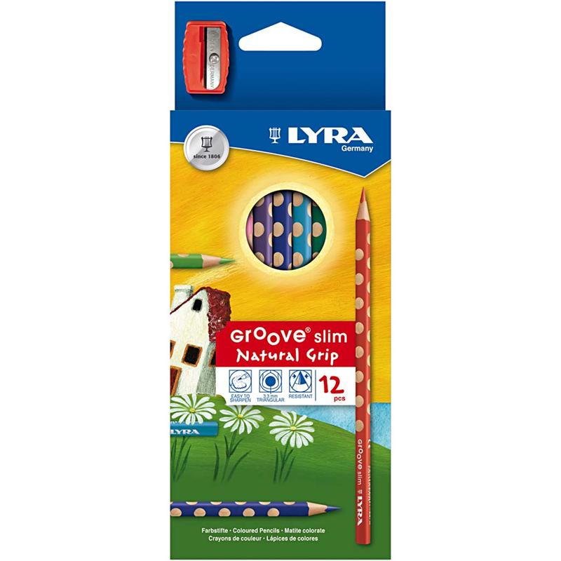 Groove Slim Colouring Pencils, L: 18 cm, lead 3,3 mm, assorted colours, 12 pc/ 1 pack [HOB-38505]