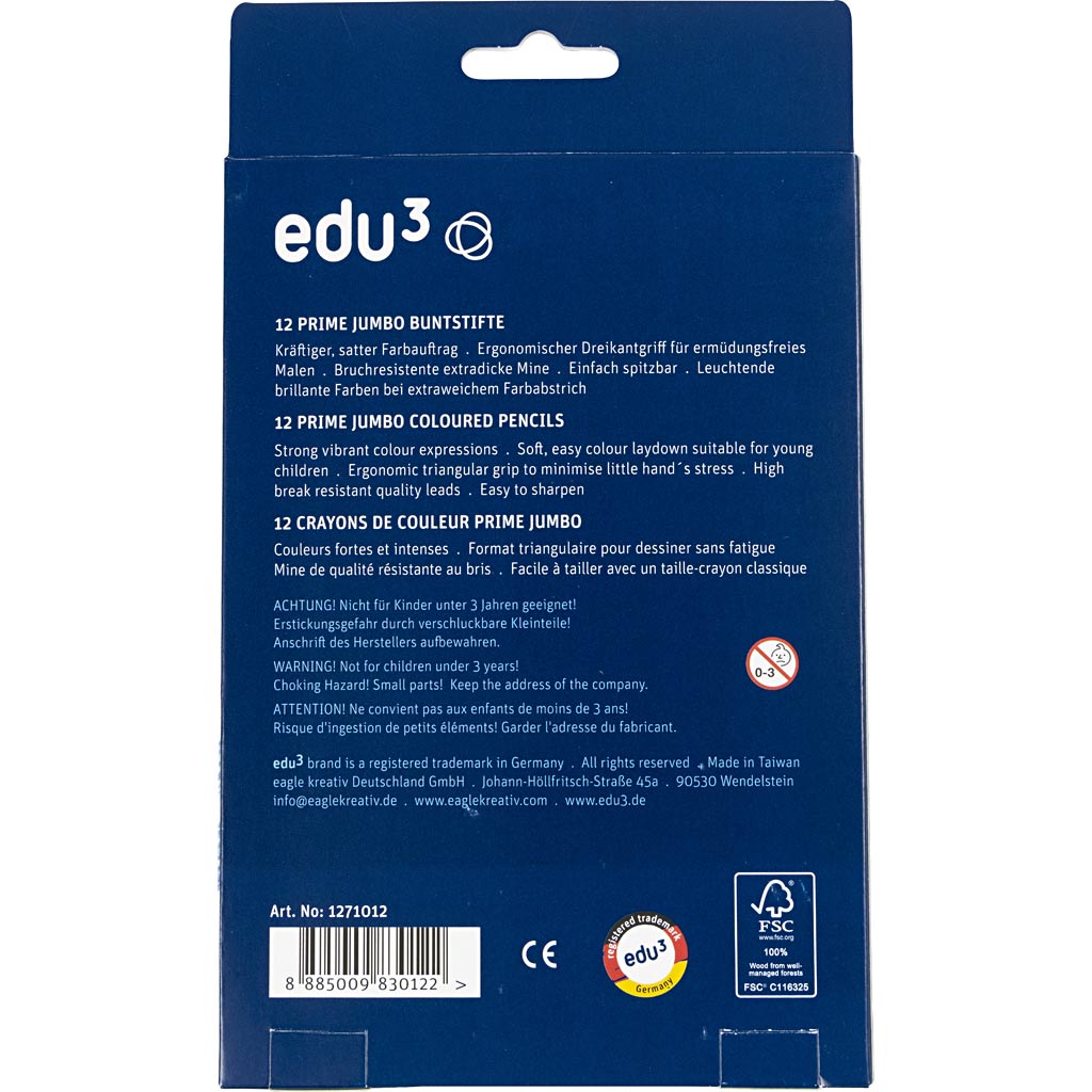 edu Jumbo Coloured Pencils, thickness 10 mm, lead 6,25 mm, assorted colours, 12 pc/ 1 pack [HOB-409212]