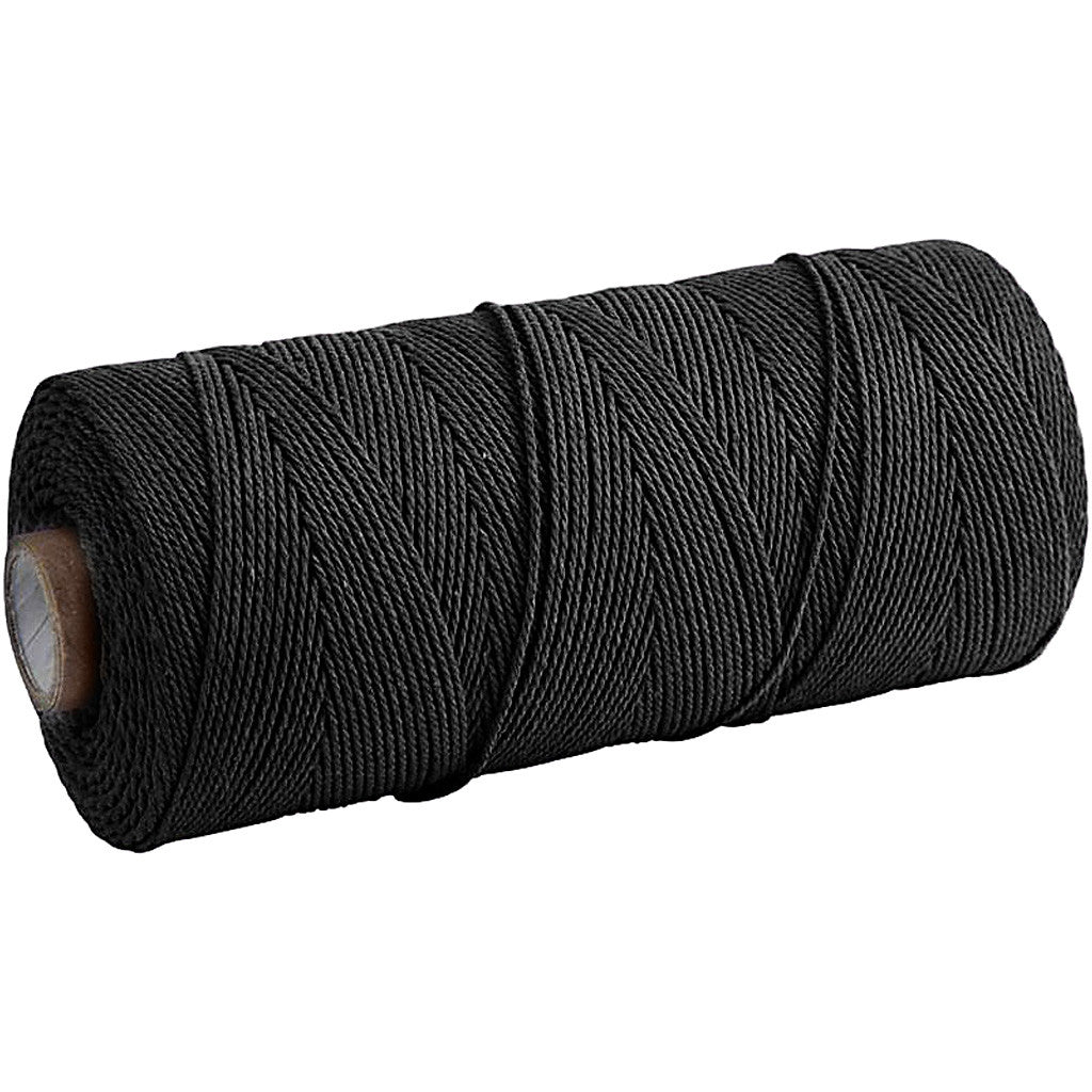 Macramé cord, L: 315 M, thickness 1 mm, Thin quality 12/12, black, 220 g/ 1 ball [HOB-41520]