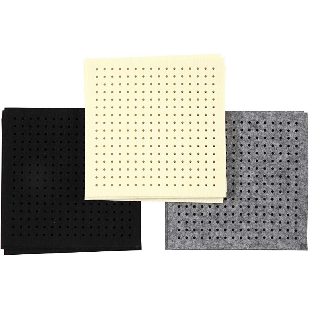 Craft Felt with Holes, size 20x20 cm, thickness 3 mm, black, grey, off-white, 3x4 sheet/ 1 pack [HOB-45208]