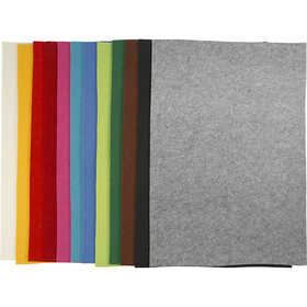 Craft Felt, sheet 42x60 cm, thickness 3 mm, assorted colours, 12 ass sheets/ 1 pack [HOB-45230]