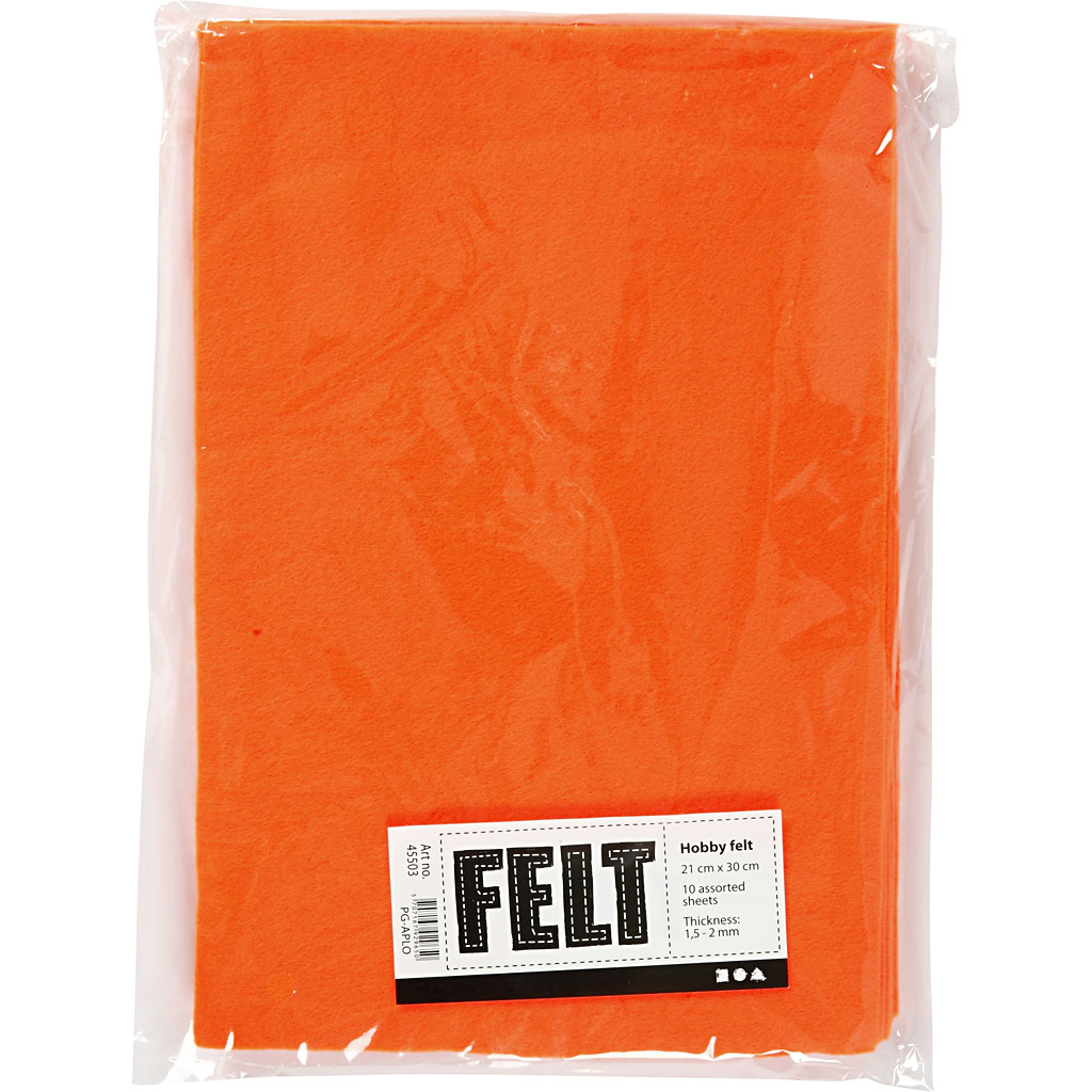 Craft felt, A4, sheet 210x297 mm, thickness 1,5-2 mm, orange, 10 sheet/ 1 pack [HOB-45503]