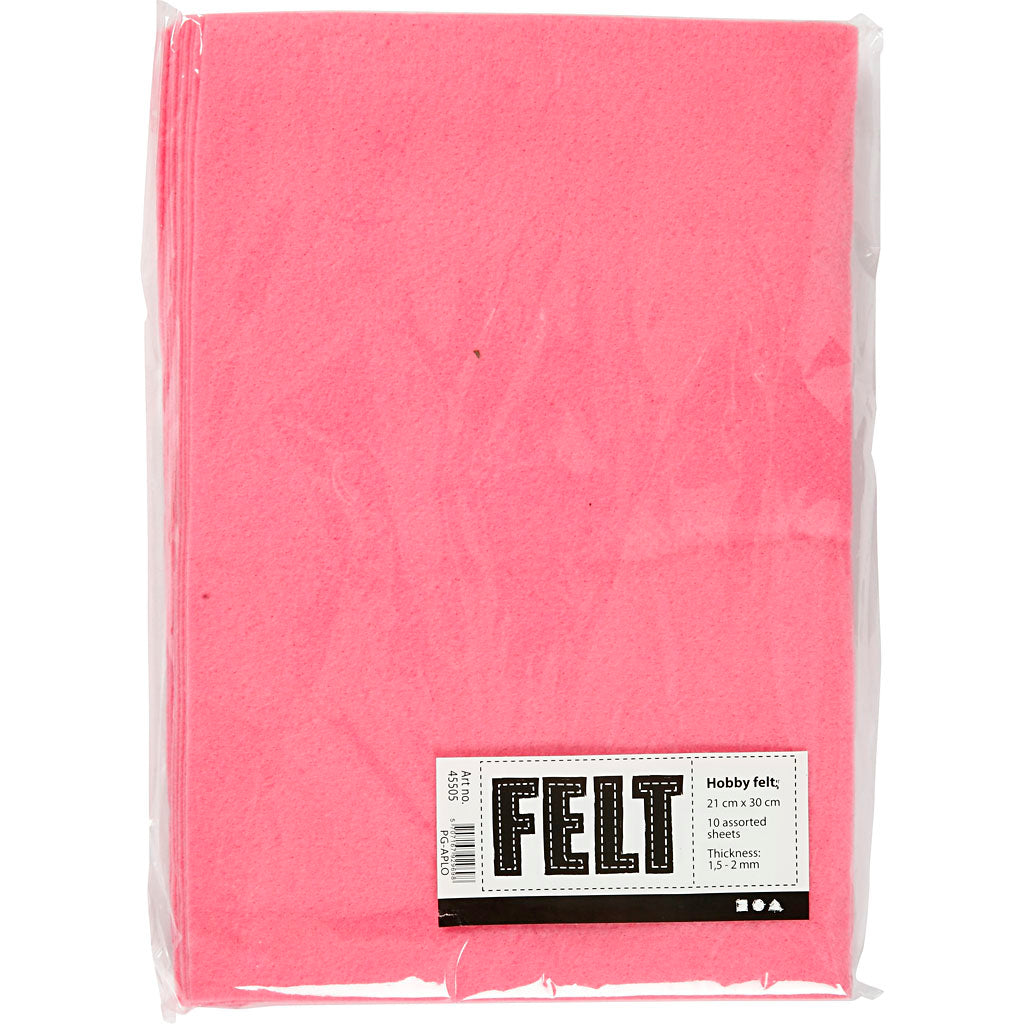 Craft felt, A4, sheet 210x297 mm, thickness 1,5-2 mm, pink, 10 sheet/ 1 pack [HOB-45505]
