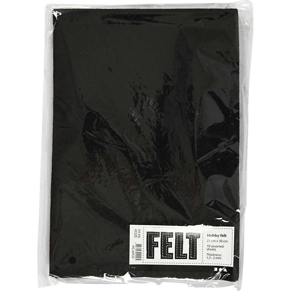 Craft felt, A4, sheet 210x297 mm, thickness 1,5-2 mm, black, 10 sheet/ 1 pack [HOB-45520]