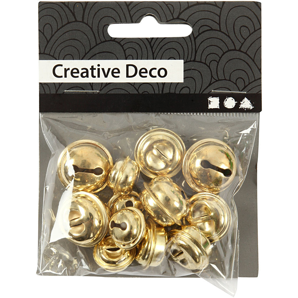 Bells, dia. 13+15+17 mm, gold, 12 asstd./ 1 pack [HOB-500120]