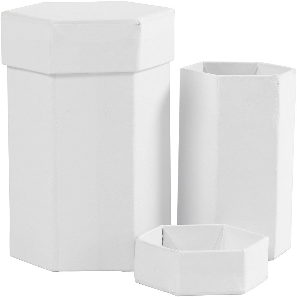 Hexagonal boxes, H: 7+9 cm, size 4,5+6 cm, white, 2 pc/ 1 set [HOB-504325]