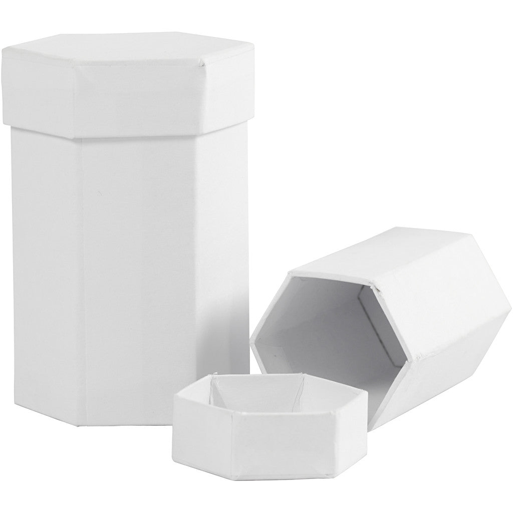 Hexagonal boxes, H: 7+9 cm, size 4,5+6 cm, white, 2 pc/ 1 set [HOB-504325]