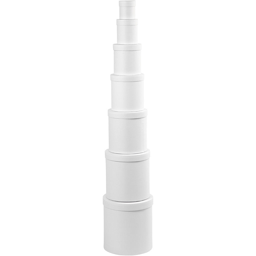 Boxes, round, H: 7,5+10,2 +12,7+15,2 +17,7+20,2 +22,7 cm, dia. 7+9 +12+14,5 +17+19,5 +22 cm, white, 7 pc/ 1 set [HOB-50438]
