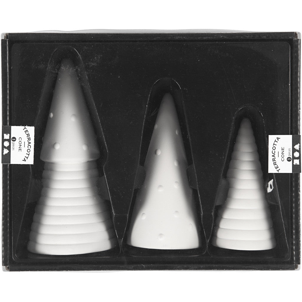 Christmas Trees, H: 10+12+15 cm, dia. 5+6+7 cm, white, 3 pc/ 1 pack [HOB-50493]